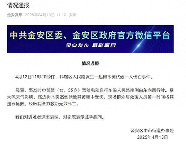 大风吹倒树木致55岁骑车女子被砸身亡，官方通报
